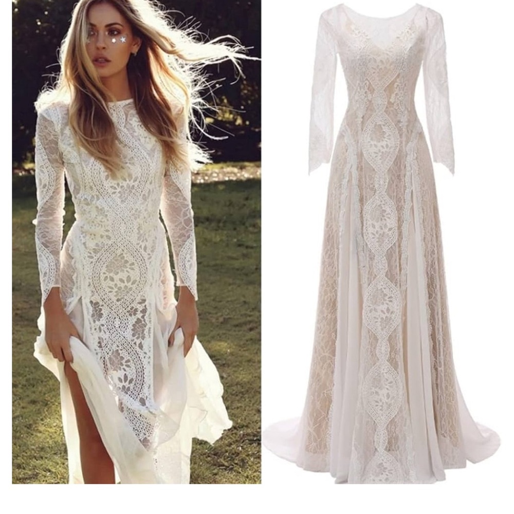 Elegant Women's Wedding Dress Long Sleeve Backless Lace Floor Length Dress